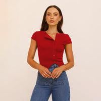 Women’s Button Shoulder V-Neck Ribbed Tee – Slim Fit Short Sleeve - Gloss & Grit