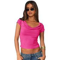 Women’s Cowl Neck Short Sleeve Crop Top – Y2K Slim Fit Shirt - Gloss & Grit