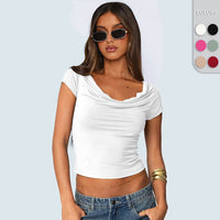 Women’s Cowl Neck Short Sleeve Crop Top – Y2K Slim Fit Shirt - Gloss & Grit