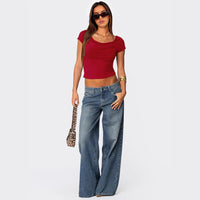 Women’s Cowl Neck Short Sleeve Crop Top – Y2K Slim Fit Shirt - Gloss & Grit