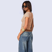 Women’s Cowl Neck Short Sleeve Crop Top – Y2K Slim Fit Shirt - Gloss & Grit