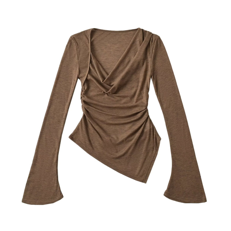 Women's Draped Cowl‑Neck Ruched Long‑Sleeve Asymmetrical Hem Top - Gloss & Grit