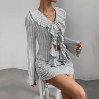 Women’s Grey Ruffle Tie Two-Piece Outfit – Long Sleeve Crop Top & Mini Skirt Set - Gloss & Grit