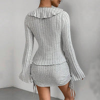 Women’s Grey Ruffle Tie Two-Piece Outfit – Long Sleeve Crop Top & Mini Skirt Set - Gloss & Grit