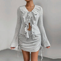 Women’s Grey Ruffle Tie Two-Piece Outfit – Long Sleeve Crop Top & Mini Skirt Set - Gloss & Grit