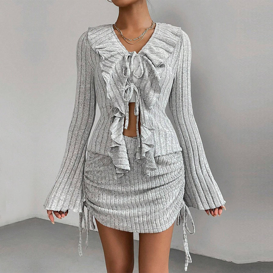 Women’s Grey Ruffle Tie Two-Piece Outfit – Long Sleeve Crop Top & Mini Skirt Set - Gloss & Grit