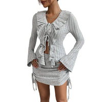 Women’s Grey Ruffle Tie Two-Piece Outfit – Long Sleeve Crop Top & Mini Skirt Set - Gloss & Grit