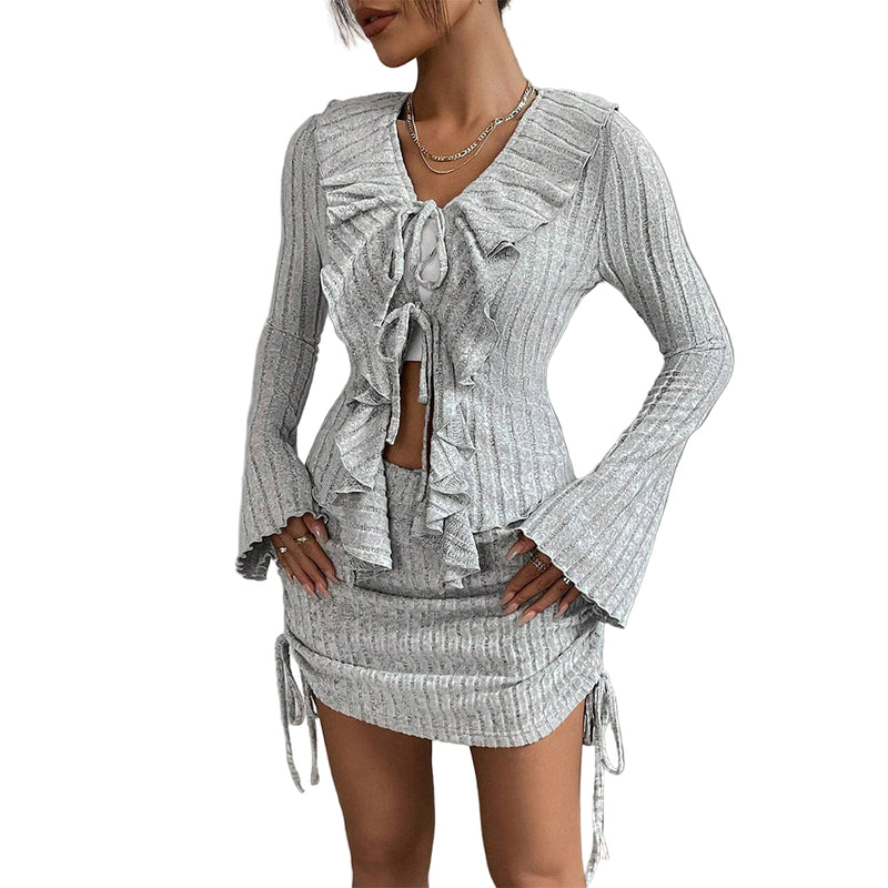 Women’s Grey Ruffle Tie Two-Piece Outfit – Long Sleeve Crop Top & Mini Skirt Set - Gloss & Grit