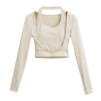 Women's Halter‑Neck Layered Long Sleeve Workout Crop Top - Gloss & Grit