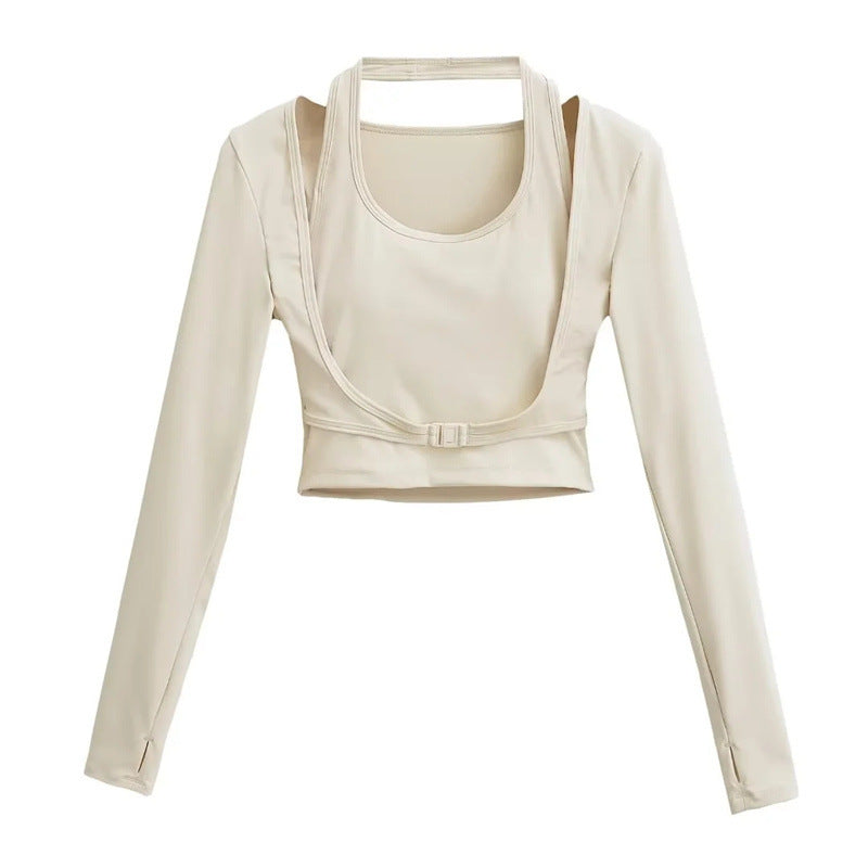 Women's Halter‑Neck Layered Long Sleeve Workout Crop Top - Gloss & Grit