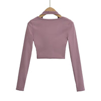 Women's Halter‑Neck Layered Long Sleeve Workout Crop Top - Gloss & Grit