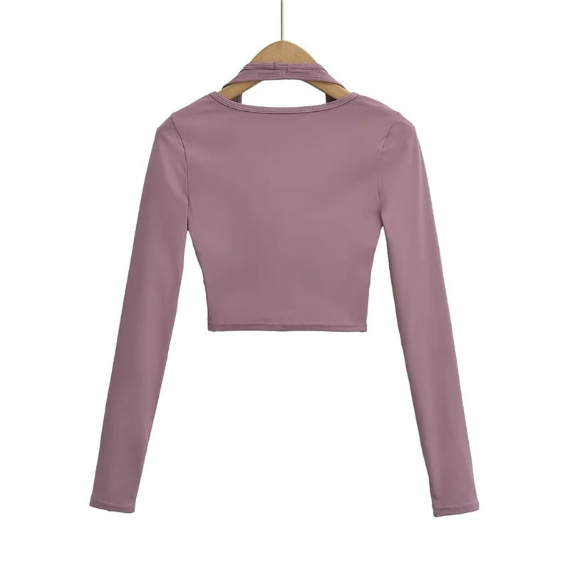 Women's Halter‑Neck Layered Long Sleeve Workout Crop Top - Gloss & Grit