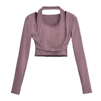 Women's Halter‑Neck Layered Long Sleeve Workout Crop Top - Gloss & Grit