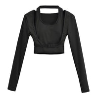 Women's Halter‑Neck Layered Long Sleeve Workout Crop Top - Gloss & Grit