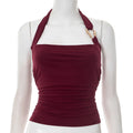 Women’s Halter Tank Top – Backless Metal Ring Detail - Red/Black/Brown - Gloss & Grit