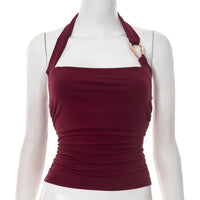 Women’s Halter Tank Top – Backless Metal Ring Detail - Red/Black/Brown - Gloss & Grit