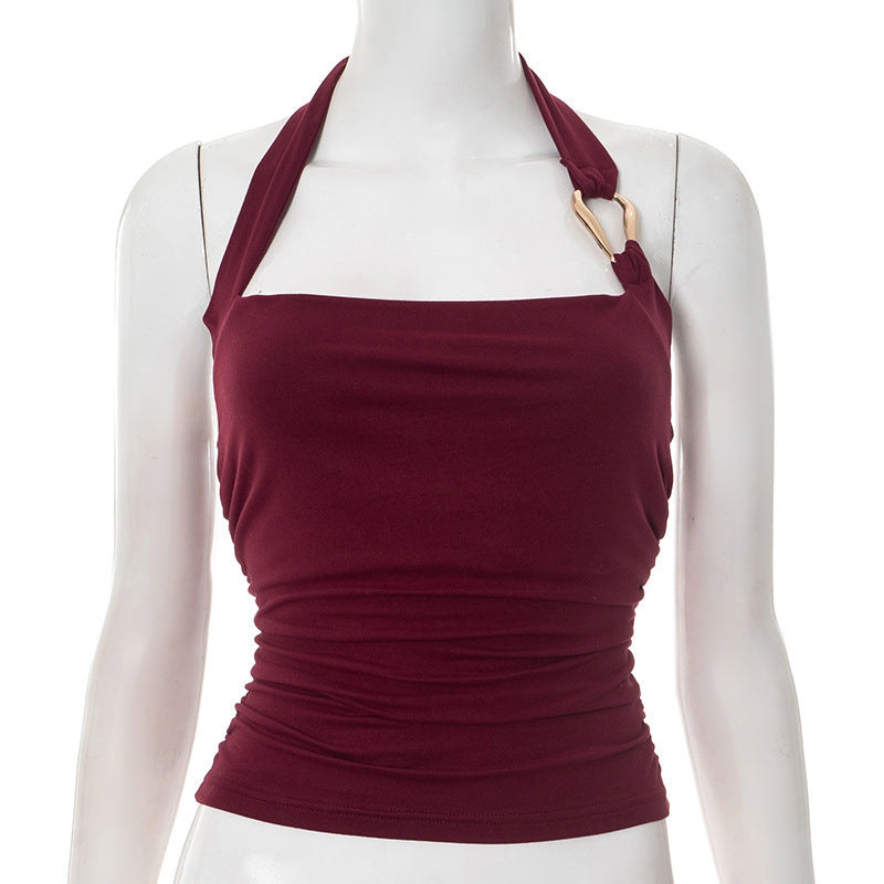 Women’s Halter Tank Top – Backless Metal Ring Detail - Red/Black/Brown - Gloss & Grit