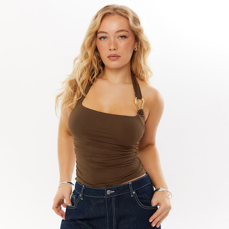 Women’s Halter Tank Top – Backless Metal Ring Detail - Red/Black/Brown - Gloss & Grit