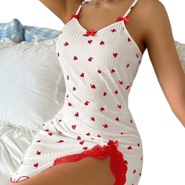 Heart Print Lace Trim Slip Dress Spaghetti Strap Slim Fit - Gloss & Grit