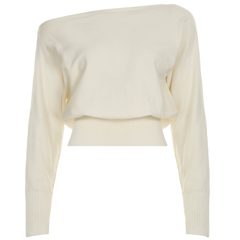 Women’s Irregular Oblique Collar Knit Top – Elegant Shoulder Exposing Sweater - Gloss & Grit