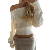 Women’s Irregular Oblique Collar Knit Top – Elegant Shoulder Exposing Sweater - Gloss & Grit