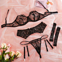 Women’s Lace Embroidery Chain Lingerie Set – 4-Piece – Black, Blue, or Rose - Gloss & Grit