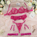 Women’s Lace Embroidery Chain Lingerie Set – 4-Piece – Black, Blue, or Rose - Gloss & Grit