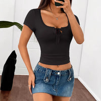 Women’s Lace Trim Bow Tie Fitted Crop Top – Casual Short Sleeve Top - Gloss & Grit