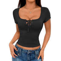 Women’s Lace Trim Bow Tie Fitted Crop Top – Casual Short Sleeve Top - Gloss & Grit