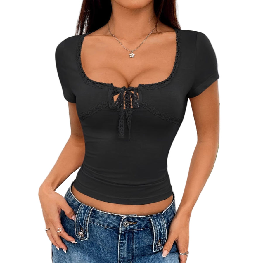 Women’s Lace Trim Bow Tie Fitted Crop Top – Casual Short Sleeve Top - Gloss & Grit