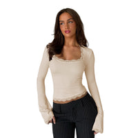 Women’s Lace Trim Square Neck Long Sleeve Top – Slim Fit Layering Top - Gloss & Grit