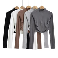 Women’s Long‑Sleeve Ribbed Zip-Up Crop Top Fitted Mock Neck – Neutrals - Gloss & Grit