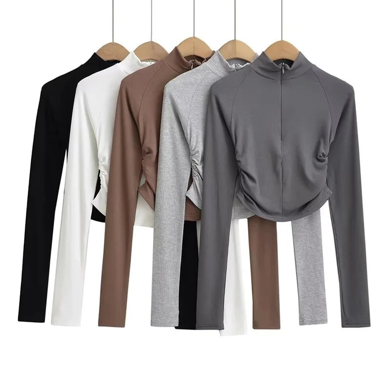 Women’s Long‑Sleeve Ribbed Zip-Up Crop Top Fitted Mock Neck – Neutrals - Gloss & Grit