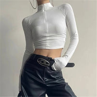 Women’s Long‑Sleeve Ribbed Zip-Up Crop Top Fitted Mock Neck – Neutrals - Gloss & Grit