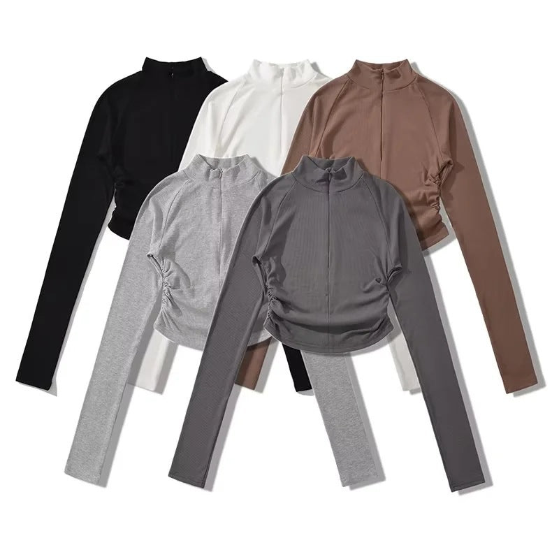 Women’s Long‑Sleeve Ribbed Zip-Up Crop Top Fitted Mock Neck – Neutrals - Gloss & Grit