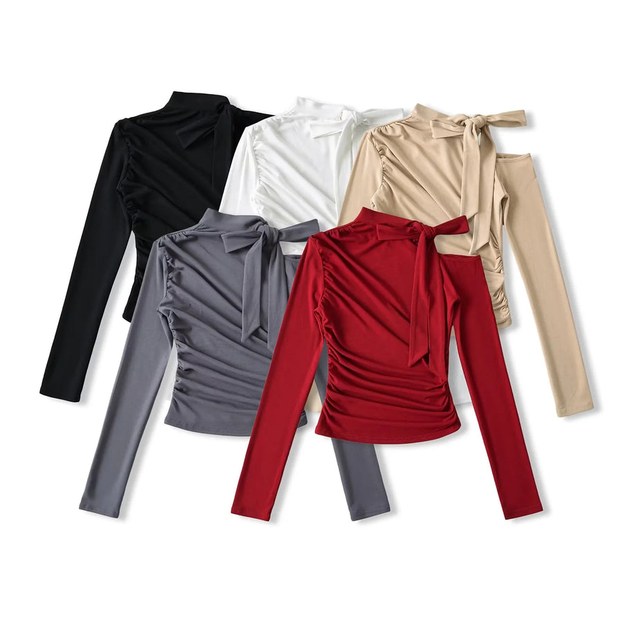 Women's Long Sleeve Ruched Tie Neck Top Blouse Stylish Slim Fit - Gloss & Grit