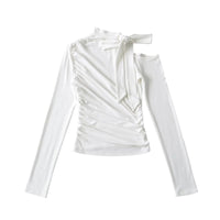 Women's Long Sleeve Ruched Tie Neck Top Blouse Stylish Slim Fit - Gloss & Grit