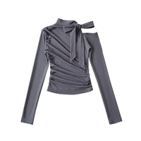 Women's Long Sleeve Ruched Tie Neck Top Blouse Stylish Slim Fit - Gloss & Grit