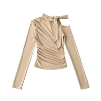 Women's Long Sleeve Ruched Tie Neck Top Blouse Stylish Slim Fit - Gloss & Grit