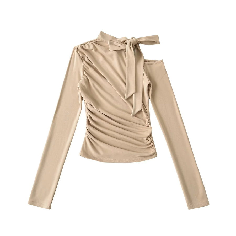 Women's Long Sleeve Ruched Tie Neck Top Blouse Stylish Slim Fit - Gloss & Grit