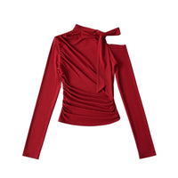 Women's Long Sleeve Ruched Tie Neck Top Blouse Stylish Slim Fit - Gloss & Grit