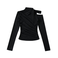Women's Long Sleeve Ruched Tie Neck Top Blouse Stylish Slim Fit - Gloss & Grit