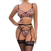 Women’s Pink Leopard Print Lingerie – Adjustable Bra Panty and Belt Three-Piece - Gloss & Grit