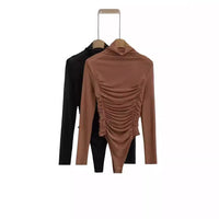 Women's Pleated Mock Neck Long Sleeve Mesh Bodysuit - Gloss & Grit