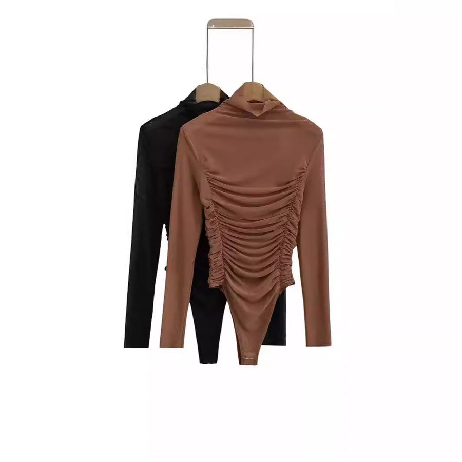 Women's Pleated Mock Neck Long Sleeve Mesh Bodysuit - Gloss & Grit