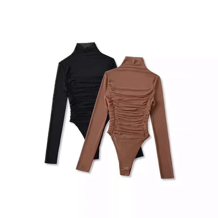 Women's Pleated Mock Neck Long Sleeve Mesh Bodysuit - Gloss & Grit