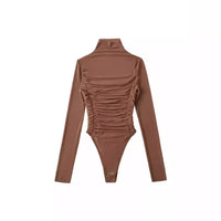 Women's Pleated Mock Neck Long Sleeve Mesh Bodysuit - Gloss & Grit