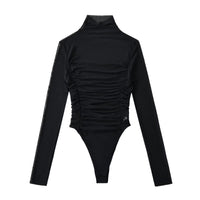 Women's Pleated Mock Neck Long Sleeve Mesh Bodysuit - Gloss & Grit