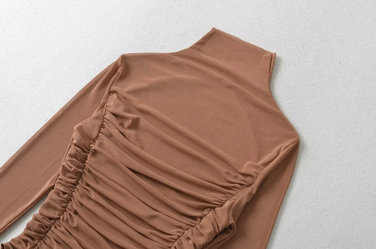 Women's Pleated Mock Neck Long Sleeve Mesh Bodysuit - Gloss & Grit