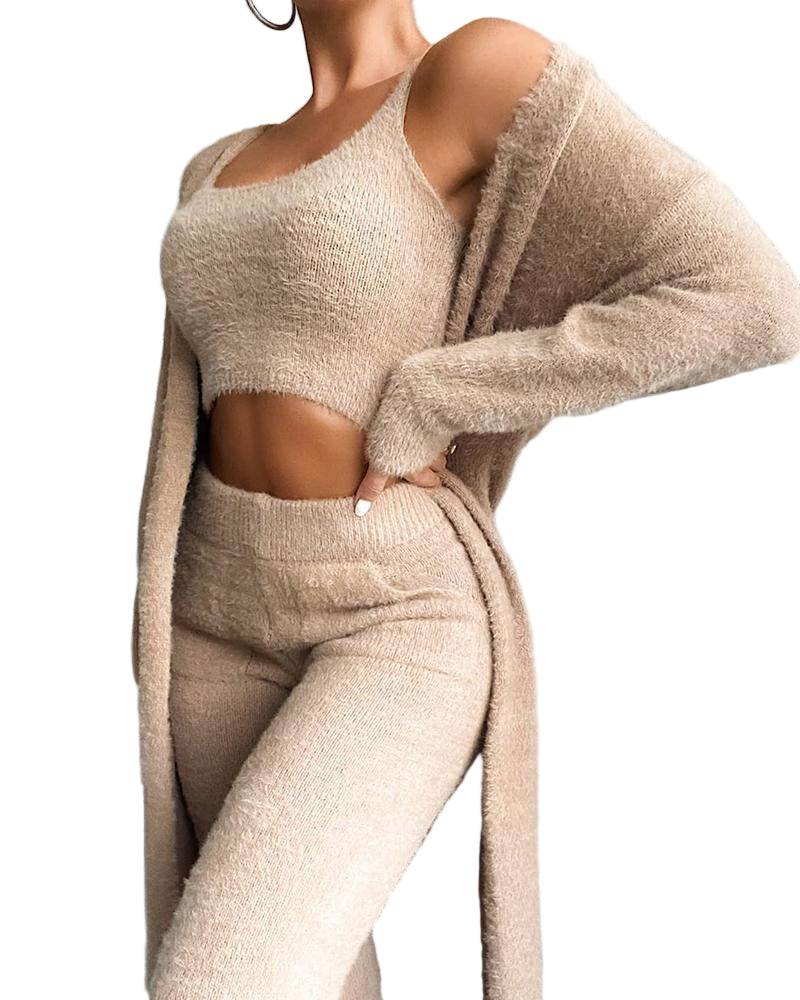 Women's Plush Knit 3 Piece Set - Crop Top Cardigan & Pants Loungewear Set - Gloss & Grit